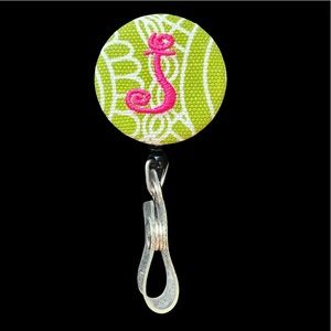 Personalized Retractable Badge Reel With Swivel Clip Pink Green Initial “J”